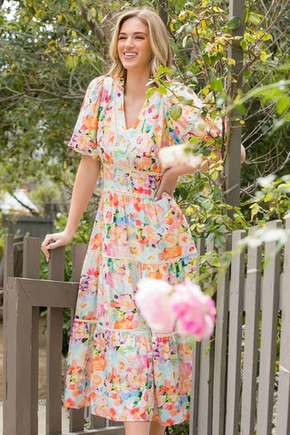 Floral Puff Sleeve Tiered Dress