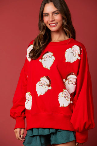 Santa Sequins & Fur Embroidery Sweatshirt in Red