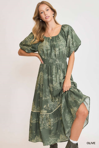 Landscape Printed Midi Dress in Olive